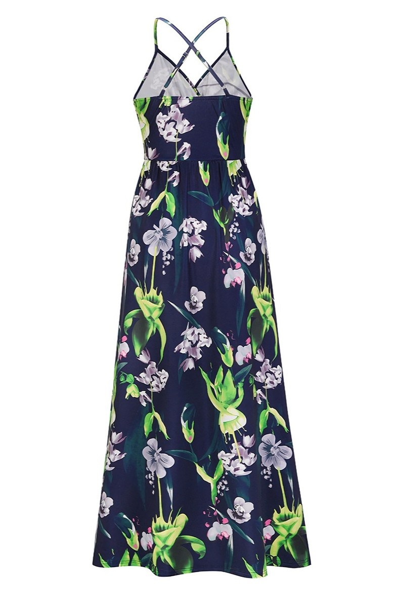 S-2Xl Summer New Plus Size Flower & Leaf Batch Printing Stretch Backless Adjustable Straps Stylish Bohemia Vacation Style Maxi Dress