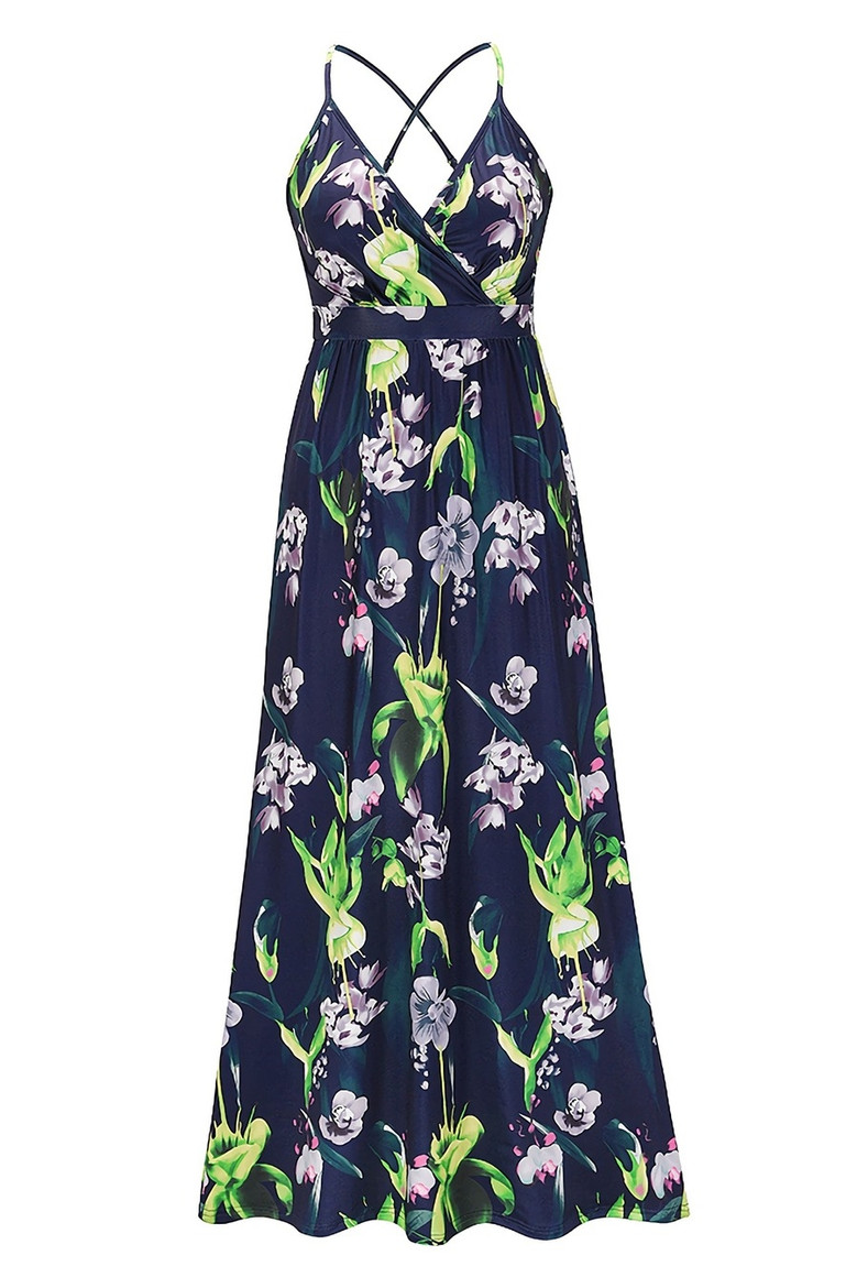 S-2Xl Summer New Plus Size Flower & Leaf Batch Printing Stretch Backless Adjustable Straps Stylish Bohemia Vacation Style Maxi Dress