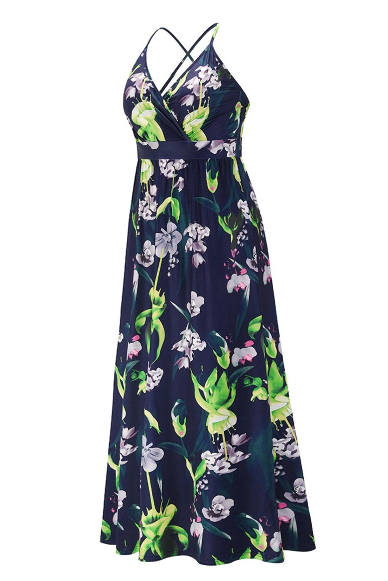 S-2Xl Summer New Plus Size Flower & Leaf Batch Printing Stretch Backless Adjustable Straps Stylish Bohemia Vacation Style Maxi Dress