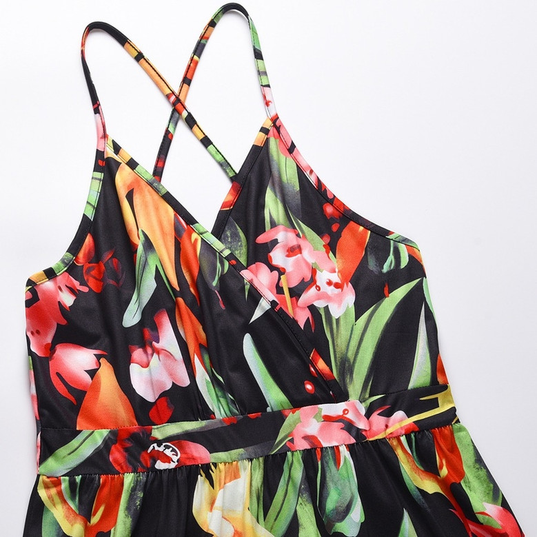 S-2Xl Summer New Plus Size Plant Batch Printing Stretch Backless Crossed Adjustable Straps Stylish Tropical Vacation Style Maxi Dress