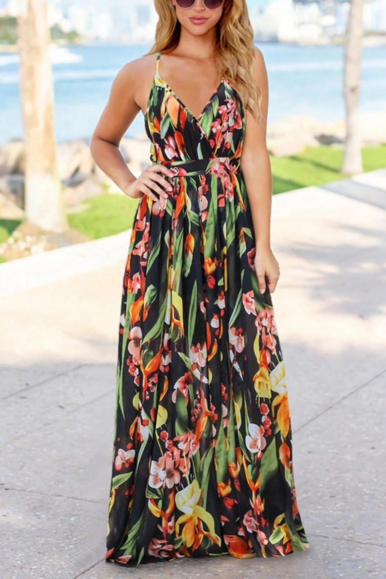 S-2Xl Summer New Plus Size Plant Batch Printing Stretch Backless Crossed Adjustable Straps Stylish Tropical Vacation Style Maxi Dress