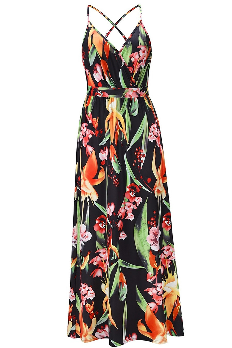 S-2Xl Summer New Plus Size Plant Batch Printing Stretch Backless Crossed Adjustable Straps Stylish Tropical Vacation Style Maxi Dress