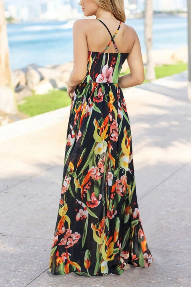 S-2Xl Summer New Plus Size Plant Batch Printing Stretch Backless Crossed Adjustable Straps Stylish Tropical Vacation Style Maxi Dress