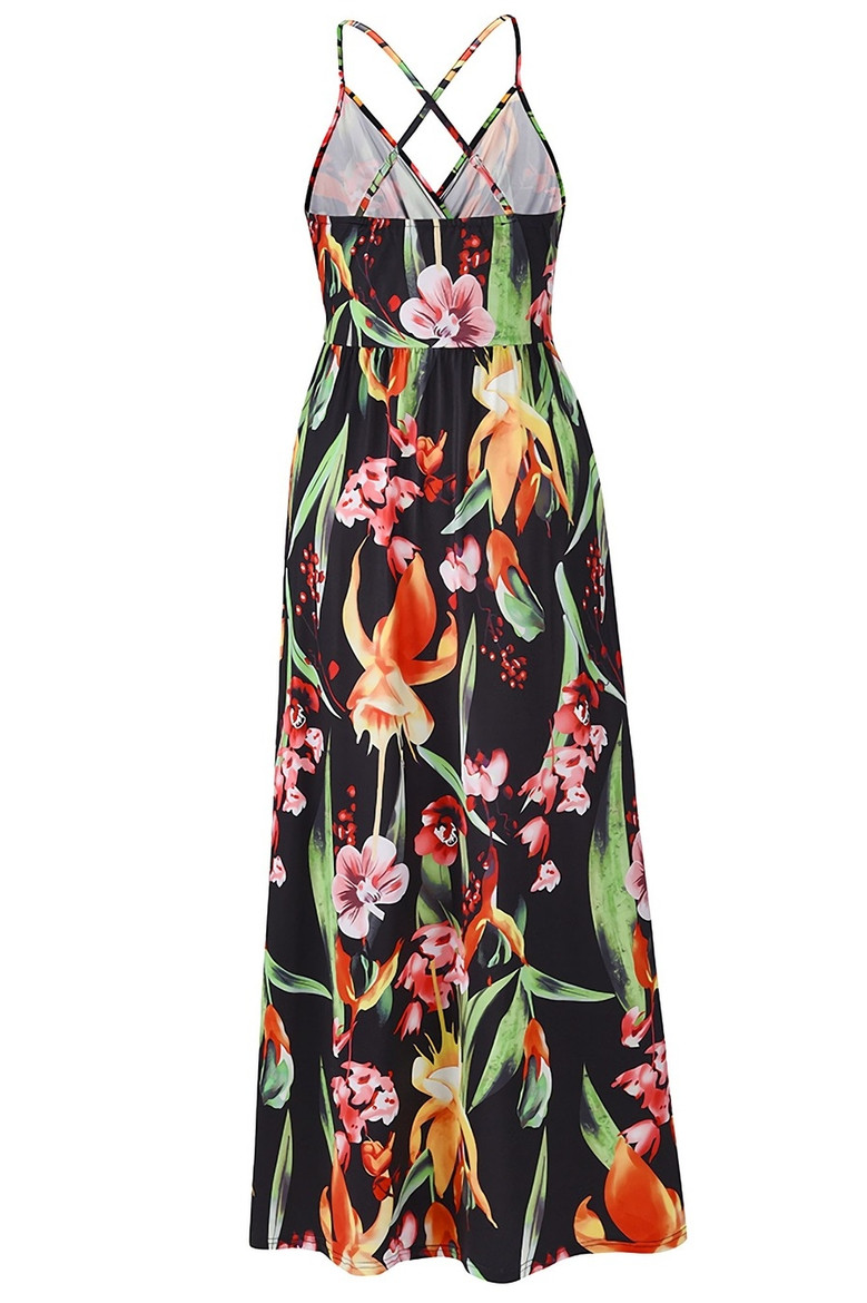 S-2Xl Summer New Plus Size Plant Batch Printing Stretch Backless Crossed Adjustable Straps Stylish Tropical Vacation Style Maxi Dress