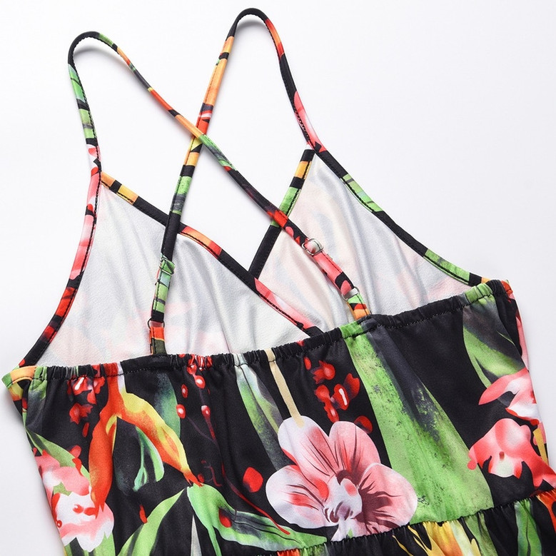 S-2Xl Summer New Plus Size Plant Batch Printing Stretch Backless Crossed Adjustable Straps Stylish Tropical Vacation Style Maxi Dress