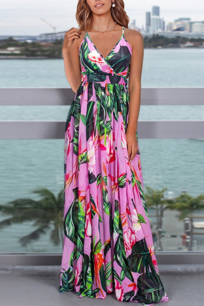 S-2Xl Summer New Two Colors Plus Size Leaf & Flower Batch Printing Stretch Backless Adjustable Straps Stylish Bohemia Vacation Style Maxi Dress