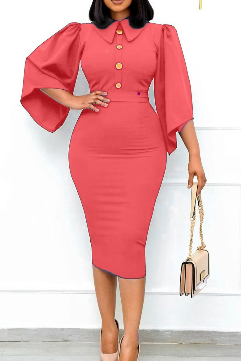 S-3Xl Plus Size Spring & Summer New Solid Color Stretch Trumpet Sleeve Turndown Collar Single Breasted Tie-Waist Zip-Up Slim Stylish Simple Midi Dress(With Belt)