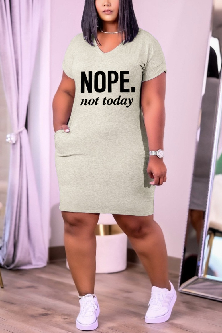 S-3Xl Plus Size Summer New 3 Colors Letter Fixed Printing Stretch Pocket Short Sleeves Cotton Casual Mini Dress