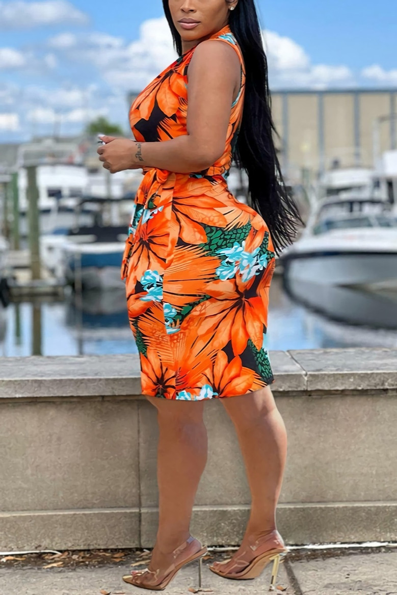 S-3Xl Plus Size Summer New Stylish Stretch Flower Batch Printing Deep-V-Neck Lace-Up Sleeveless Slim Sexy Midi Dress