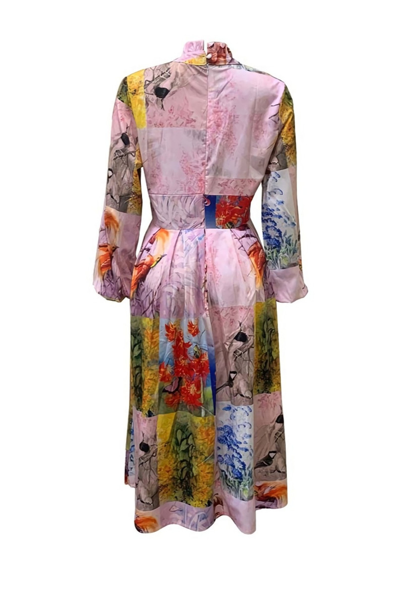 S-3Xl Spring Plus Size Batch Printing Inelastic Zip-Up Back Casual Ethnic Style Midi Dress With Belt 1#
