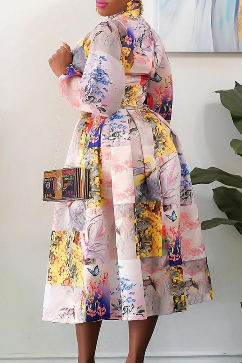S-3Xl Spring Plus Size Batch Printing Inelastic Zip-Up Back Casual Ethnic Style Midi Dress With Belt 1#