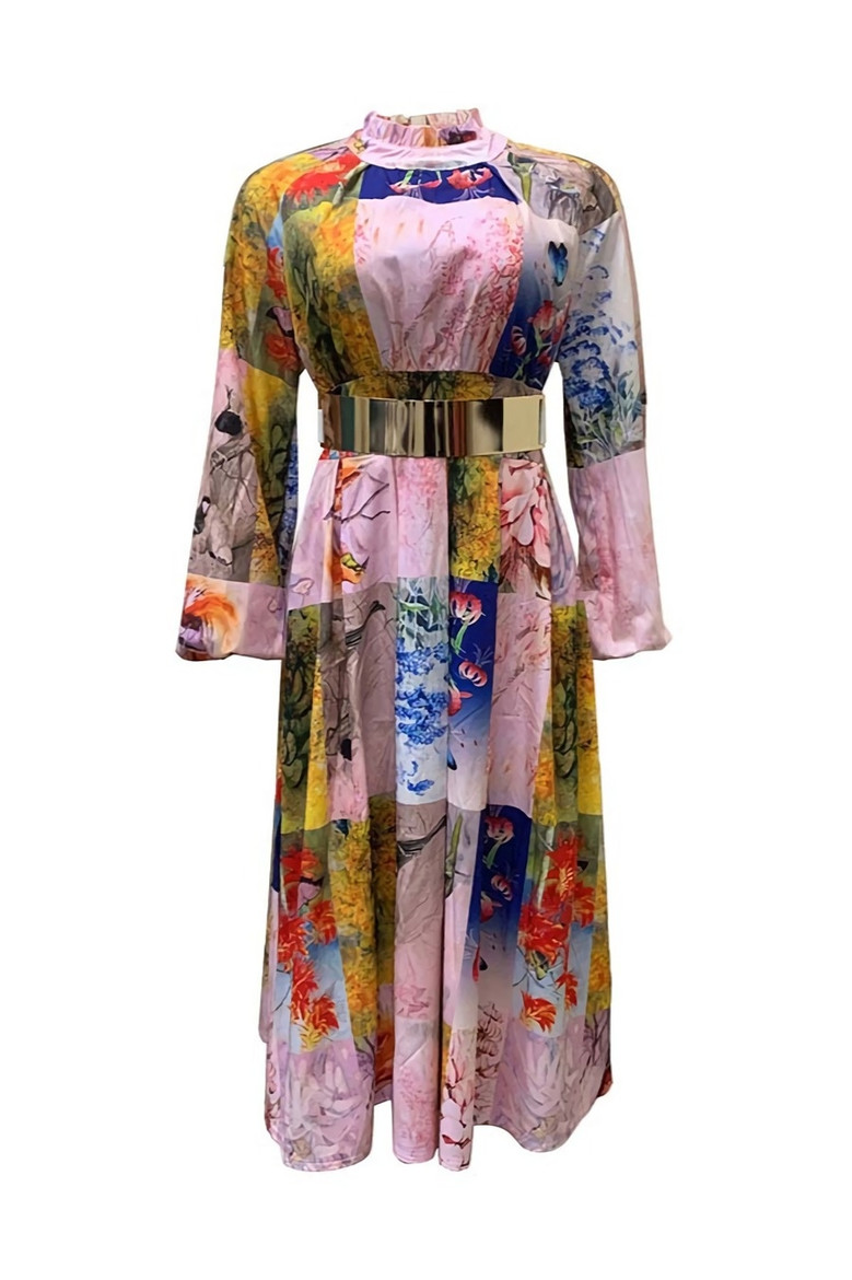 S-3Xl Spring Plus Size Batch Printing Inelastic Zip-Up Back Casual Ethnic Style Midi Dress With Belt 1#