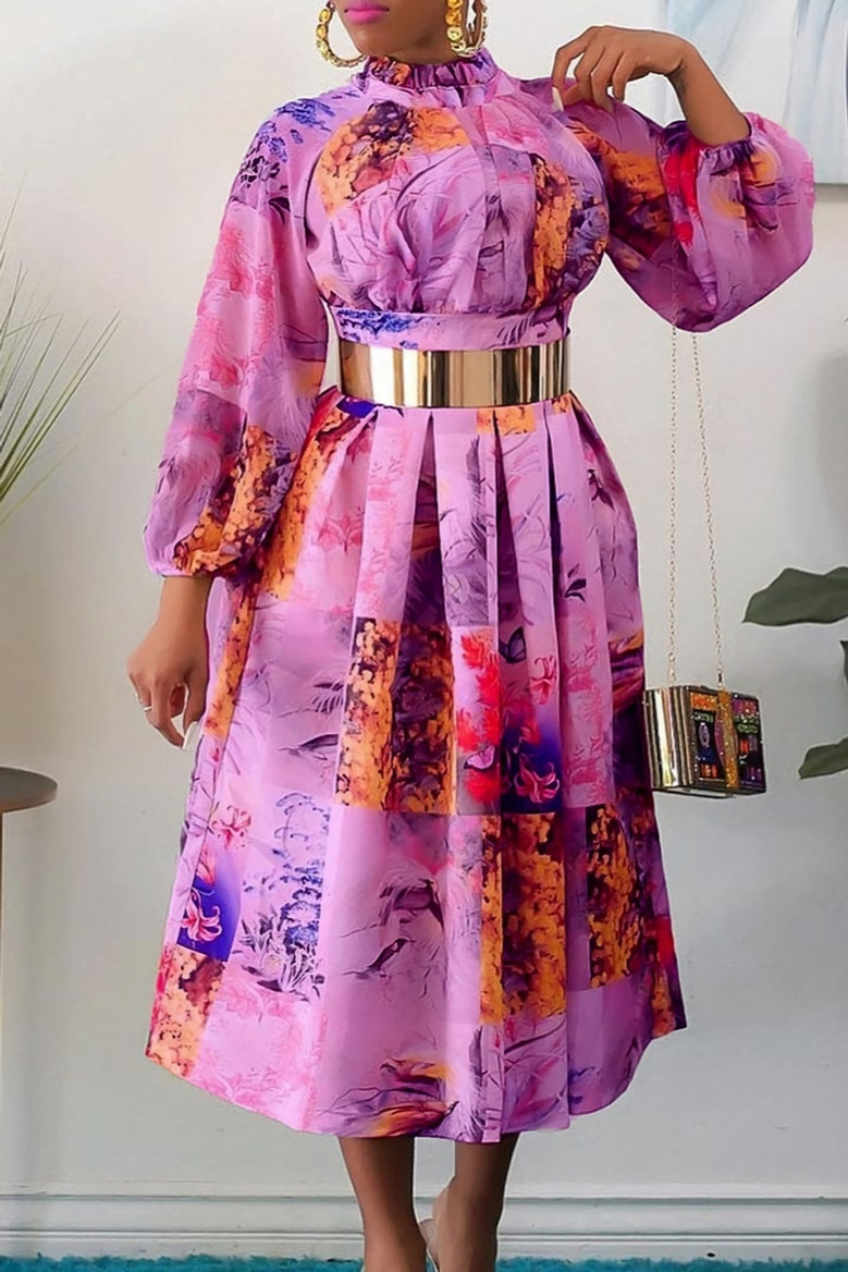 S-3Xl Spring Plus Size Batch Printing Inelastic Zip-Up Back Casual Ethnic Style Midi Dress With Belt 2#