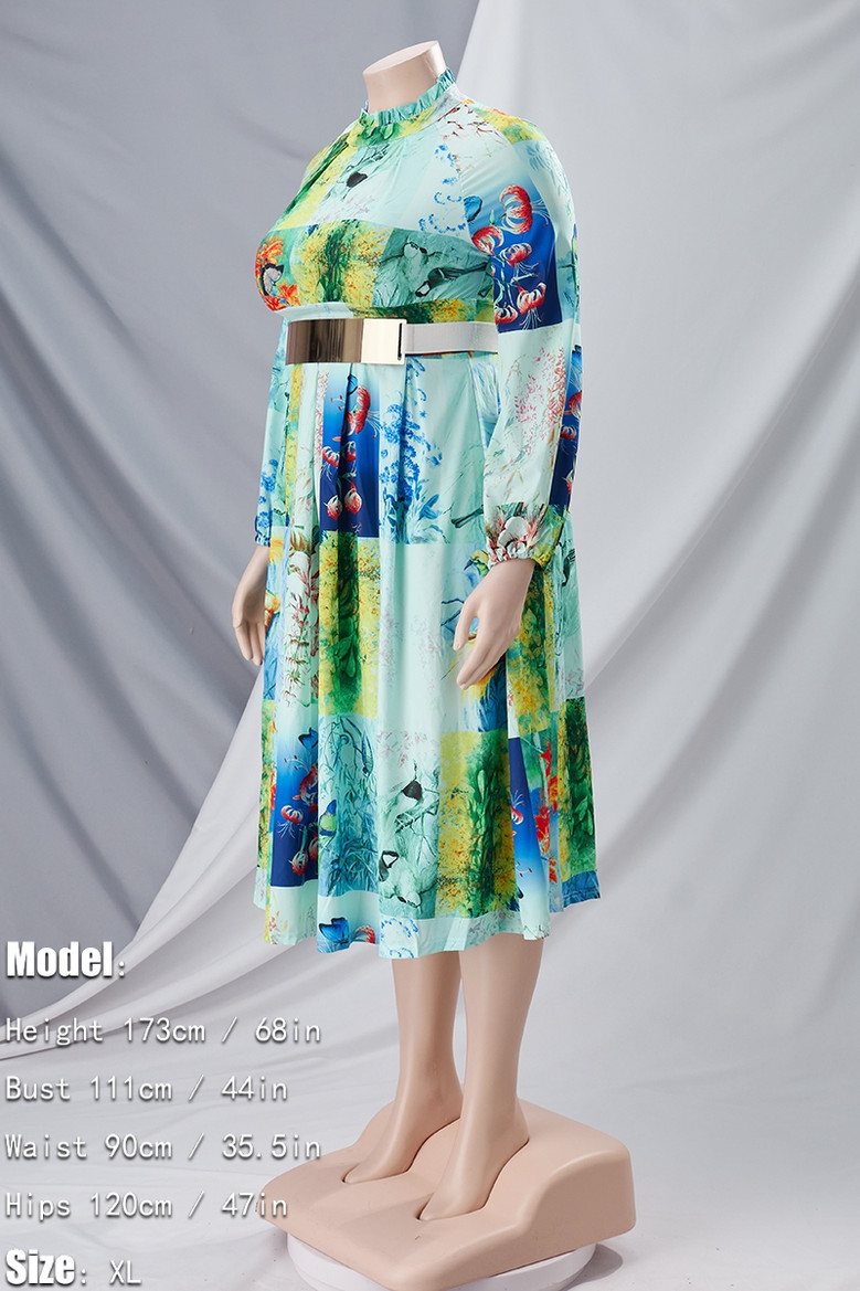 S-3Xl Spring Plus Size Batch Printing Inelastic Zip-Up Back Casual Ethnic Style Midi Dress With Belt 3#