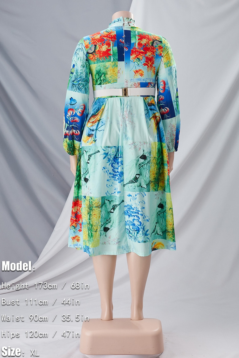 S-3Xl Spring Plus Size Batch Printing Inelastic Zip-Up Back Casual Ethnic Style Midi Dress With Belt 3#
