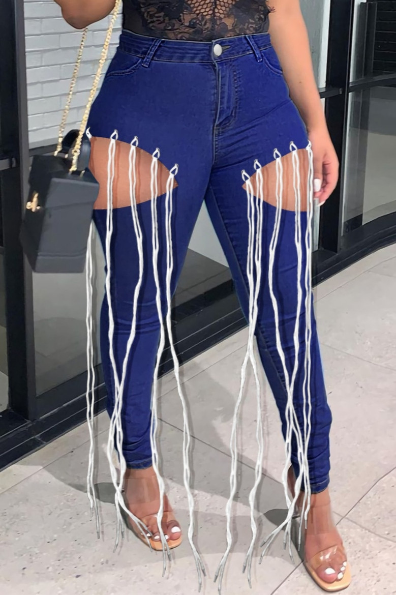 S-3Xl Spring Plus Size Three Colors Micro-Elastic High Waist Hollow Eyelet Long Tassel Pockets Button Zip-Up Stylish Curvy Jeans
