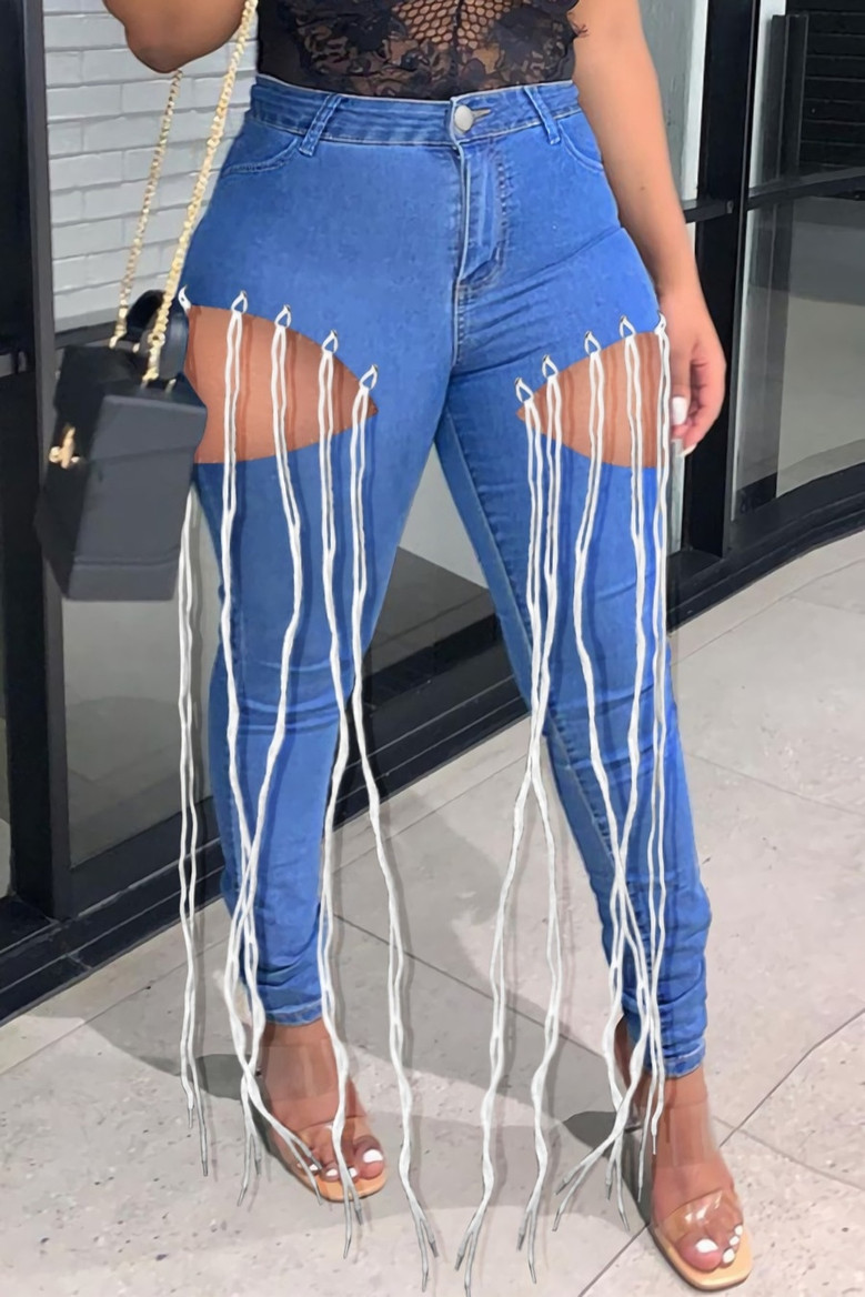 S-3Xl Spring Plus Size Three Colors Micro-Elastic High Waist Hollow Eyelet Long Tassel Pockets Button Zip-Up Stylish Curvy Jeans