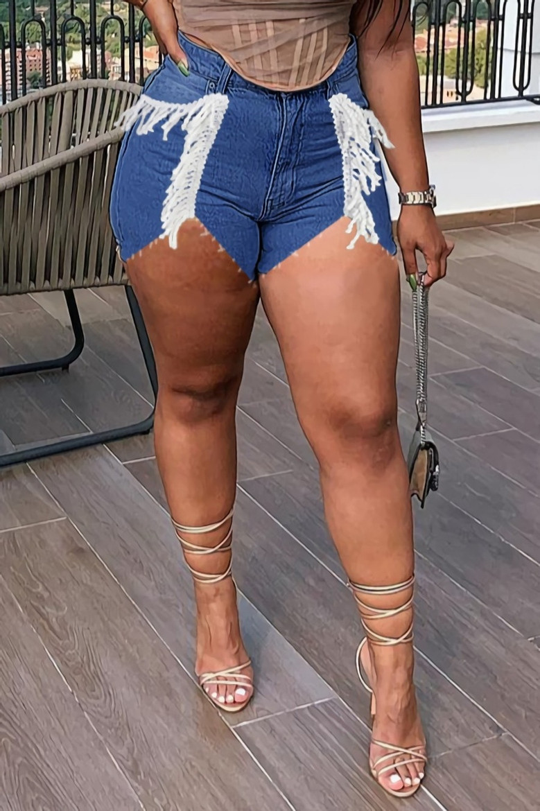 S-3Xl Summer New Plus Size Three Colors Micro-Elastic Tassel Notched Hem Design Pockets Button Zip-Up Stylish Denim Shorts