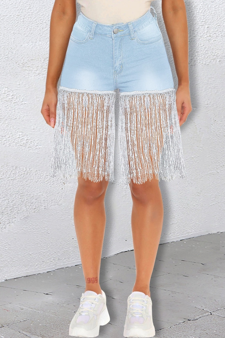 S-3Xl Summer New Plus Size Three Colors Micro-Elastic Tassel Pockets Button Zip-Up Stylish Denim Shorts