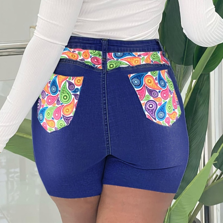 S-3Xl Summer New Plus Size Three Colors Patchwork Micro-Elastic High Waist Pockets Button Zip-Up Stylish Denim Shorts