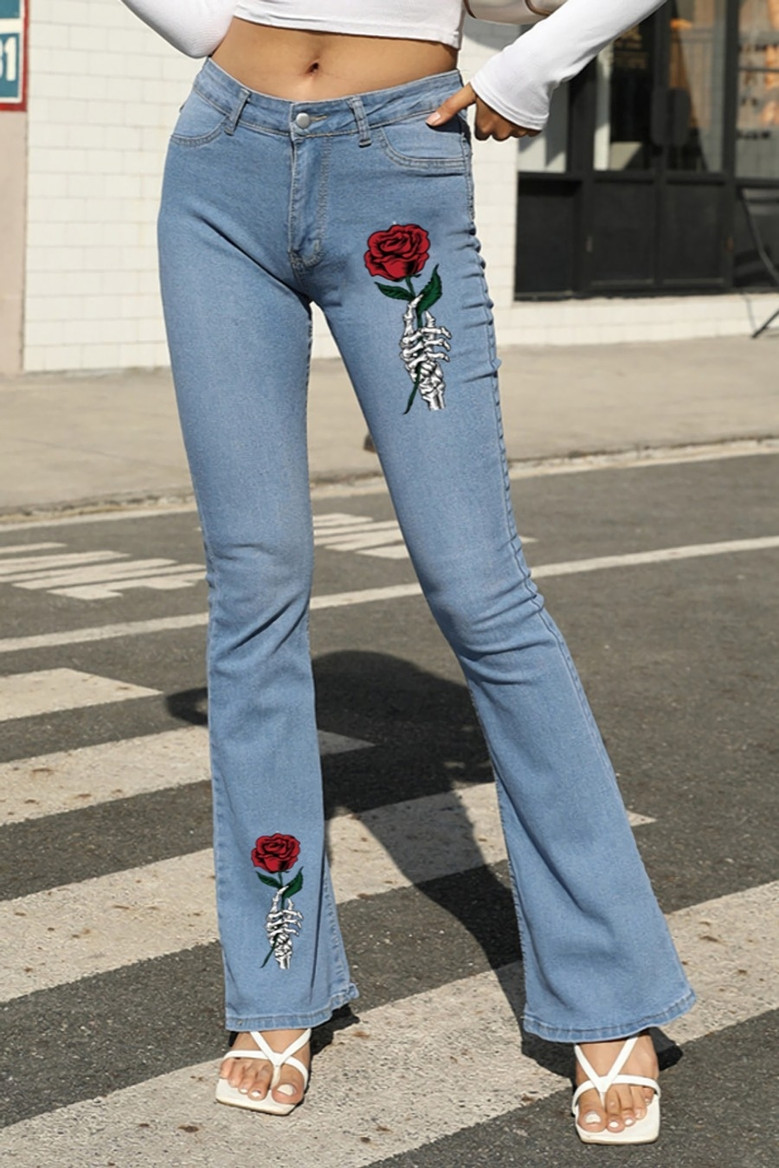 S-4Xl Spring Plus Size 4 Colors Flower Fixed Printing Micro-Elastic Pockets Button Zip-Up Stylish Flare Jeans