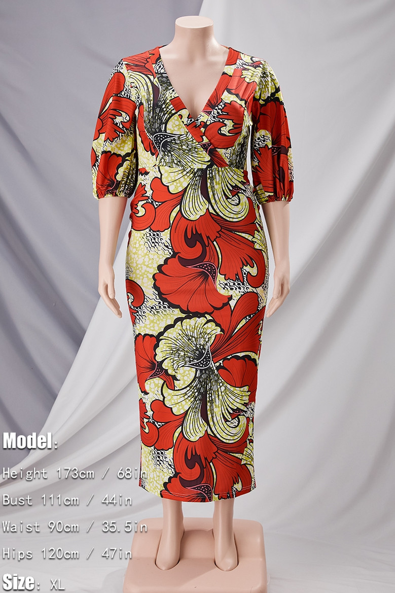 S-4Xl Summer New Plus Size Allover Digital Printing Micro-Elastic V-Neck Puff-Sleeve Zip-Up Back Stylish Vacation Style High Quality Maxi Dress