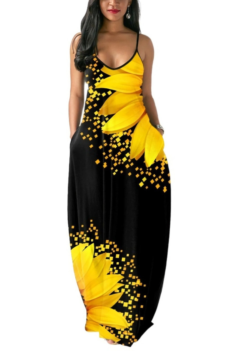 S-5Xl Plus Size 5 Colors Orange Leaf Fixed Printing Spliced Stretch Pockets Sling Backless Sexy Maxi Dress