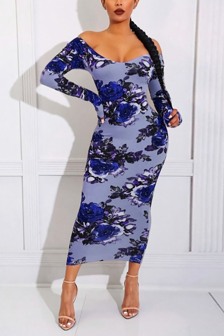 S-5Xl Spring Plus Size 4 Colors Flower Batch Printing Stretch Off The Shoulder Backless Stylish Midi Dress