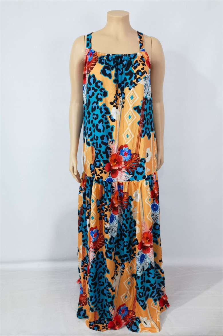 S-5Xl Summer New Batch Printing Micro-Elastic Sling Stylish Loose Maxi Dress Floral Dresses
