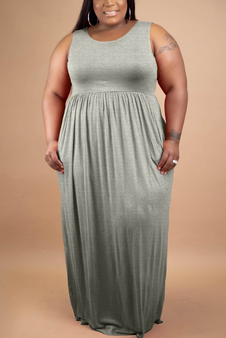 S-5Xl Summer New Plus Size 3 Colors Solid Color Stretch Pockets Floor Length Loose Casual Maxi Dress
