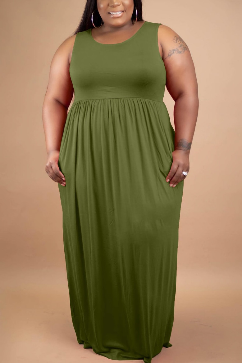 S-5Xl Summer New Plus Size 3 Colors Solid Color Stretch Pockets Floor Length Loose Casual Maxi Dress