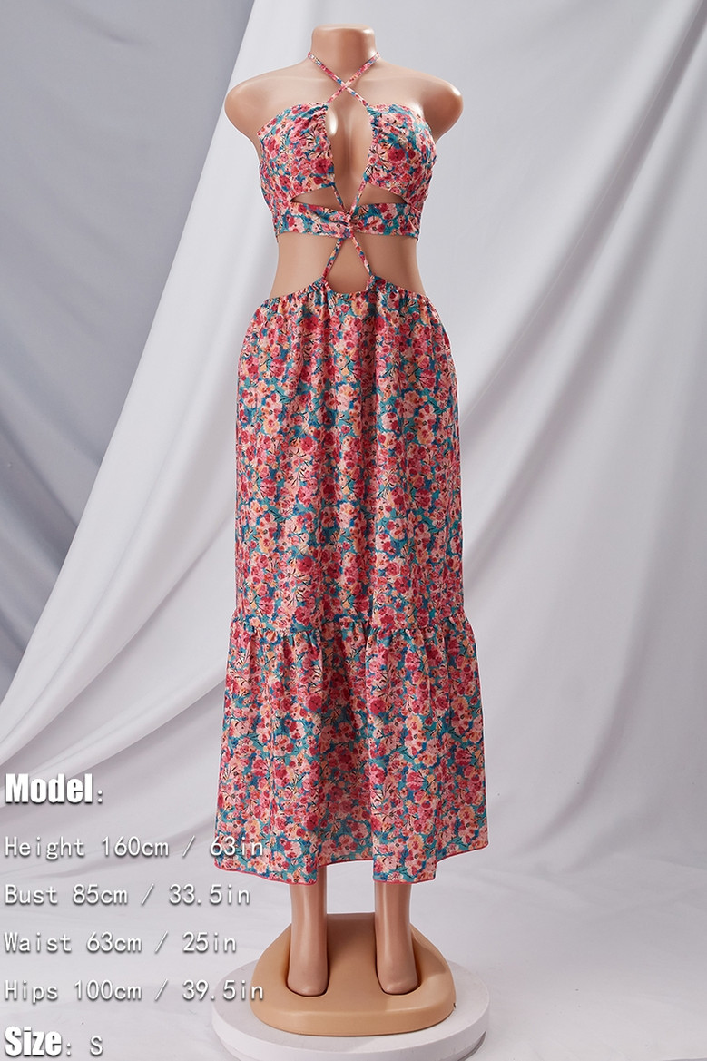 S-Xl Summer New Stylish Floral Batch Printing Halter-Neck Lace-Up Deep V-Neck Hollow Sexy Midi Dress