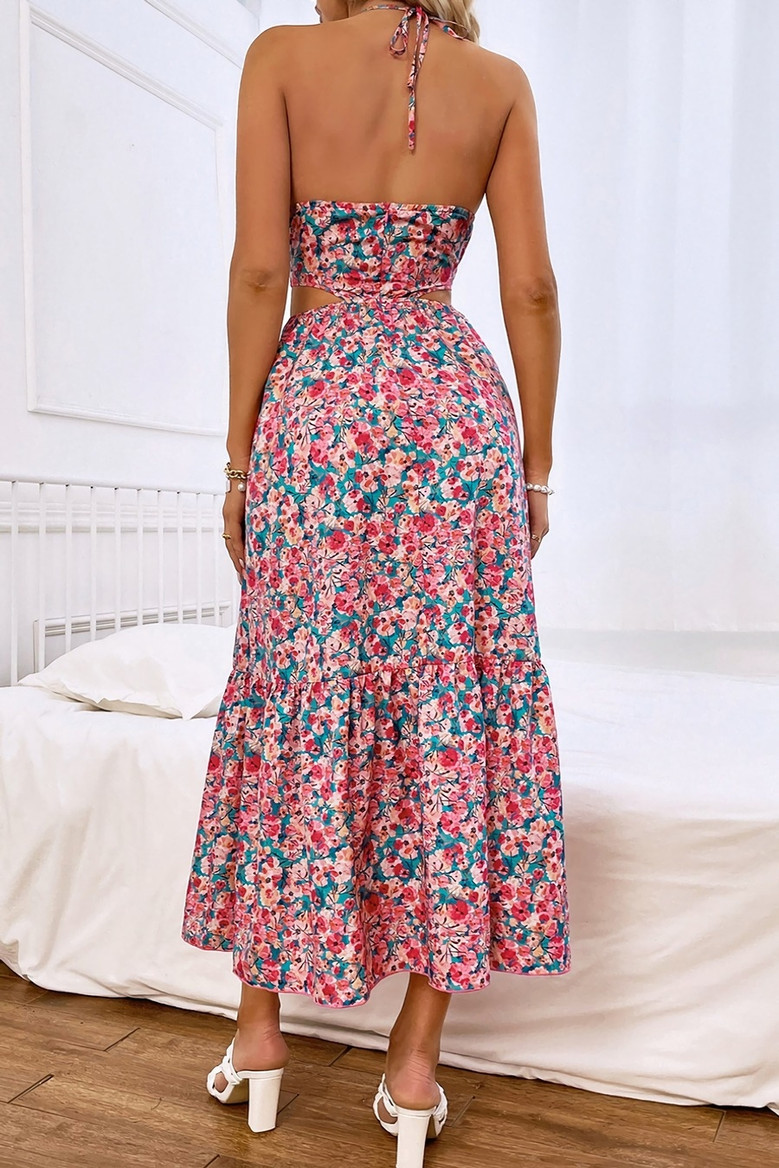 S-Xl Summer New Stylish Floral Batch Printing Halter-Neck Lace-Up Deep V-Neck Hollow Sexy Midi Dress