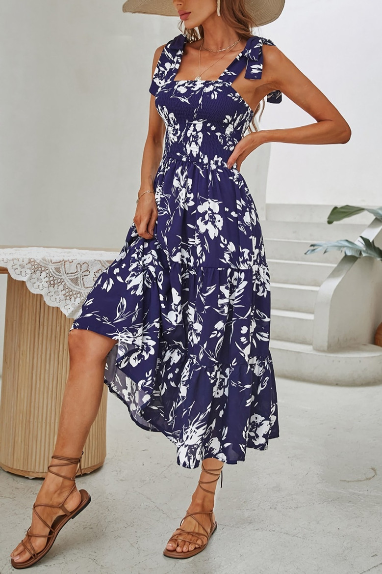 S-Xl Summer New Stylish Floral Batch Printing Lace-Up Sling Stretch Casual Midi Dress