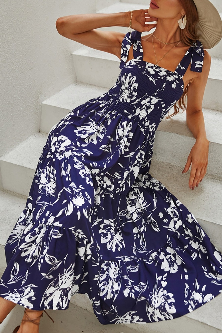 S-Xl Summer New Stylish Floral Batch Printing Lace-Up Sling Stretch Casual Midi Dress