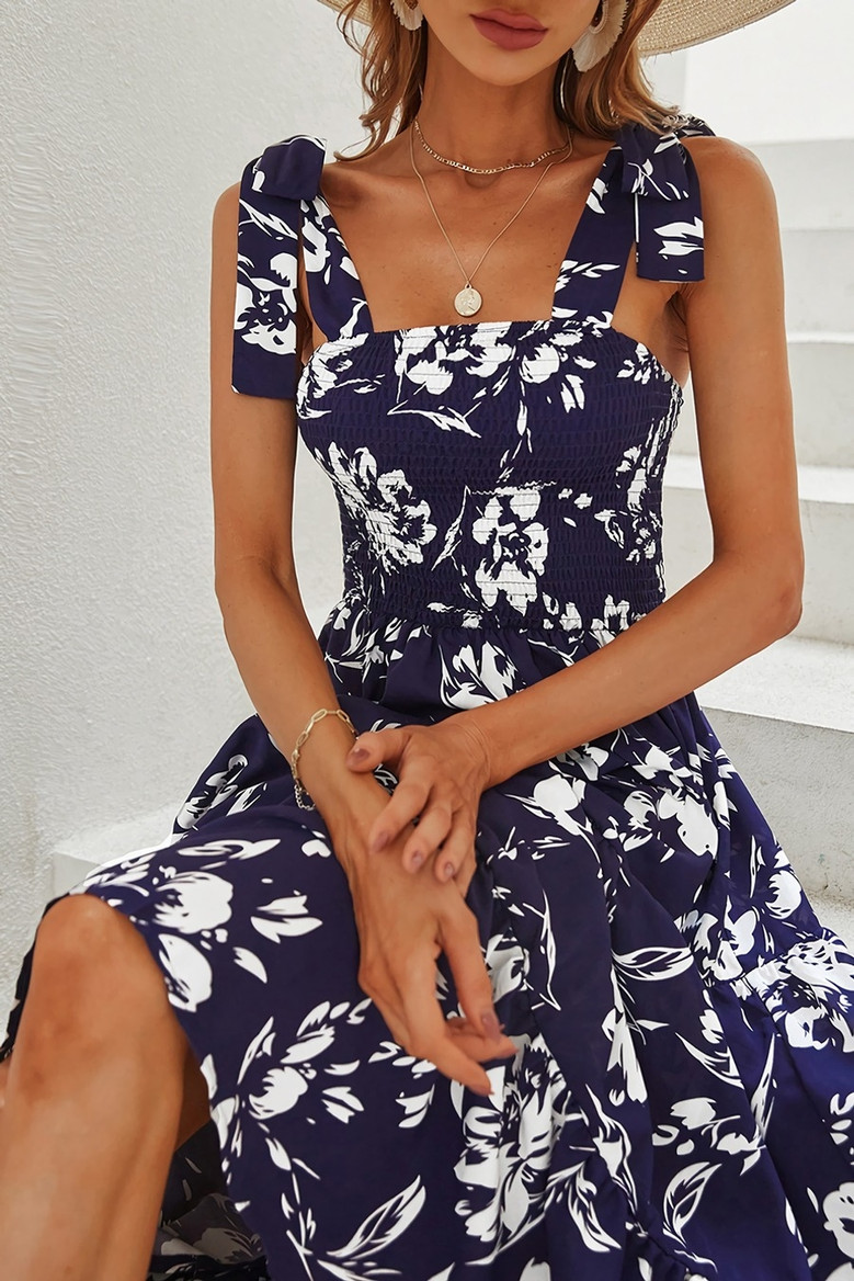 S-Xl Summer New Stylish Floral Batch Printing Lace-Up Sling Stretch Casual Midi Dress