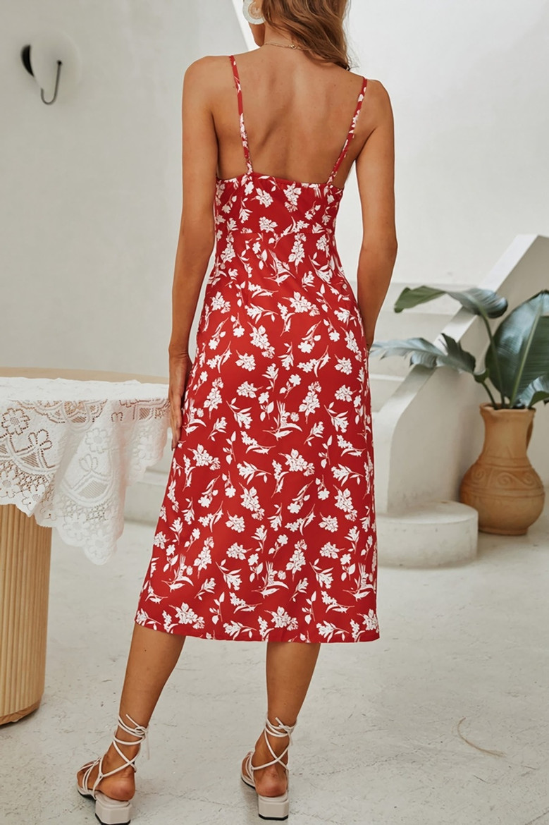 S-Xl Summer New Stylish Floral Batch Printing V-Neck Lace-Up Backless Sling Stretch Slit Sexy Midi Dress