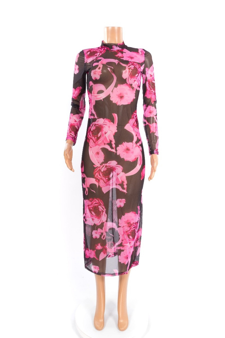 Sexy Perspective Stretch Mesh Print Dress Long Skirt