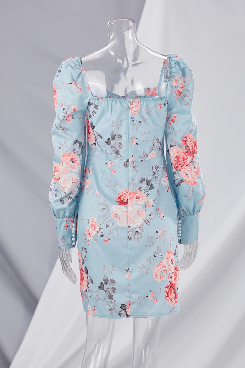 Spring Floral Printing Micro-Elastic Low-Cut Square-Neck Lantern-Sleeve Sexy Bodycon Mini Dress