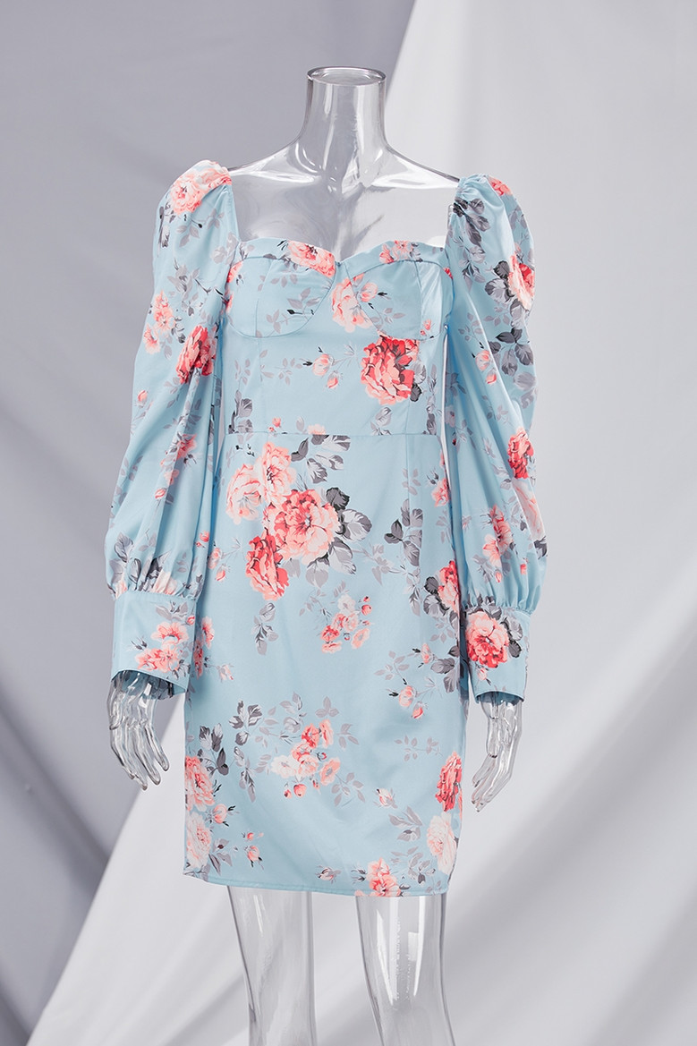Spring Floral Printing Micro-Elastic Low-Cut Square-Neck Lantern-Sleeve Sexy Bodycon Mini Dress