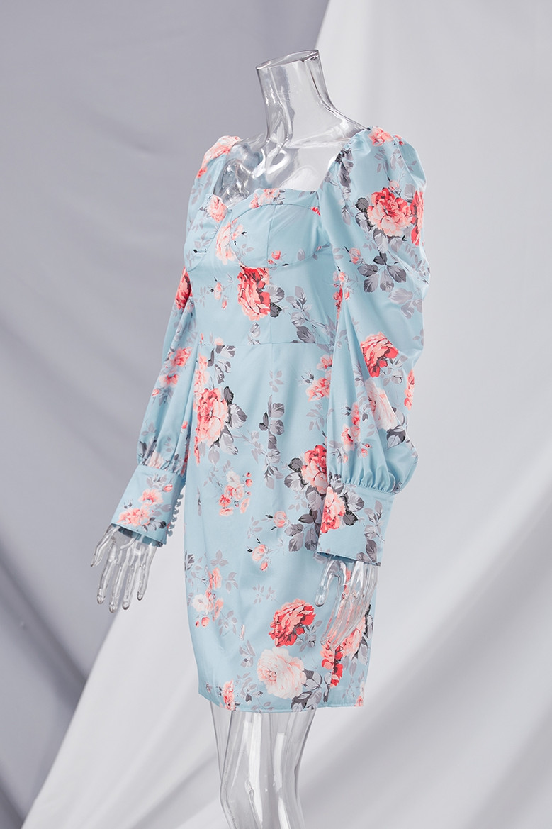 Spring Floral Printing Micro-Elastic Low-Cut Square-Neck Lantern-Sleeve Sexy Bodycon Mini Dress