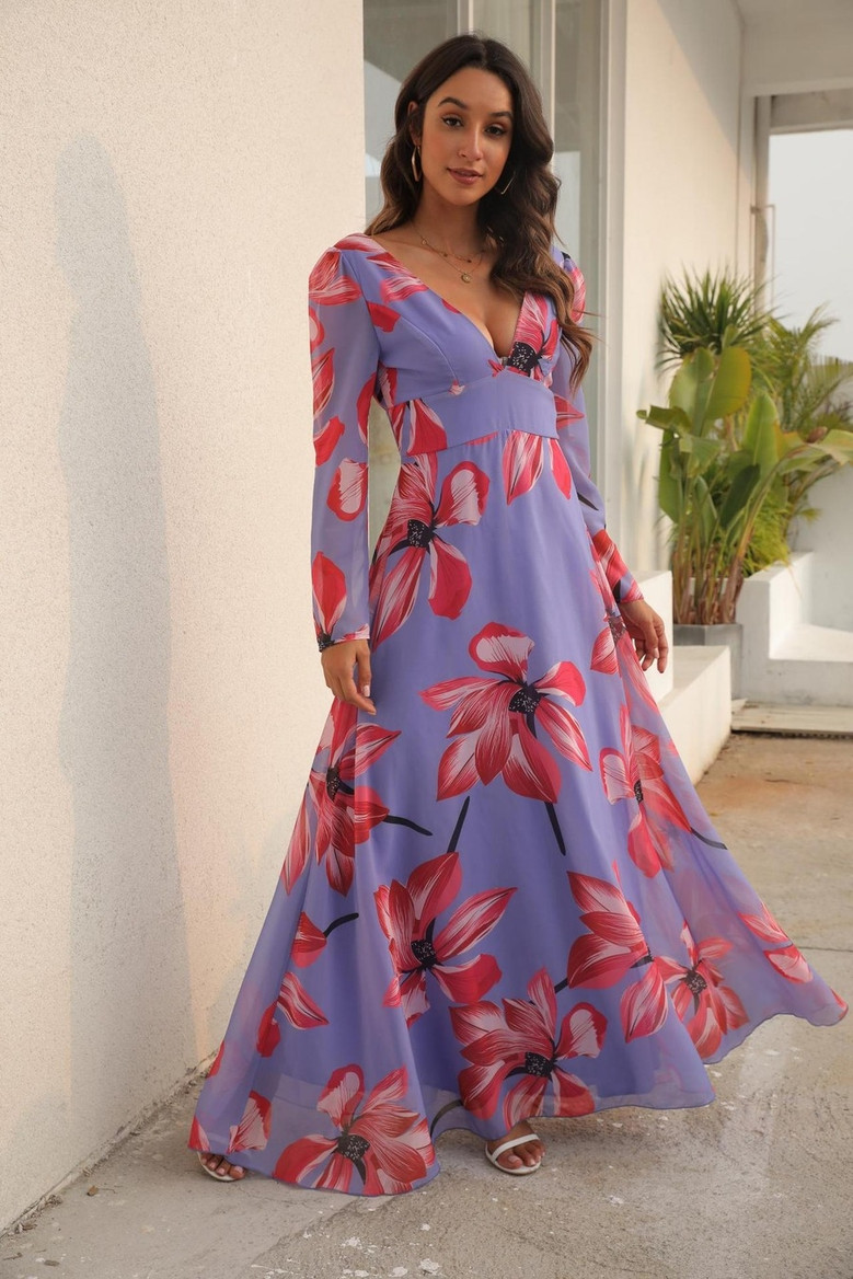 Spring Flower Batch Printing Inelastic Chiffon V-Neck Backless Zip-Up Stylish Bohemian Style Maxi Dress