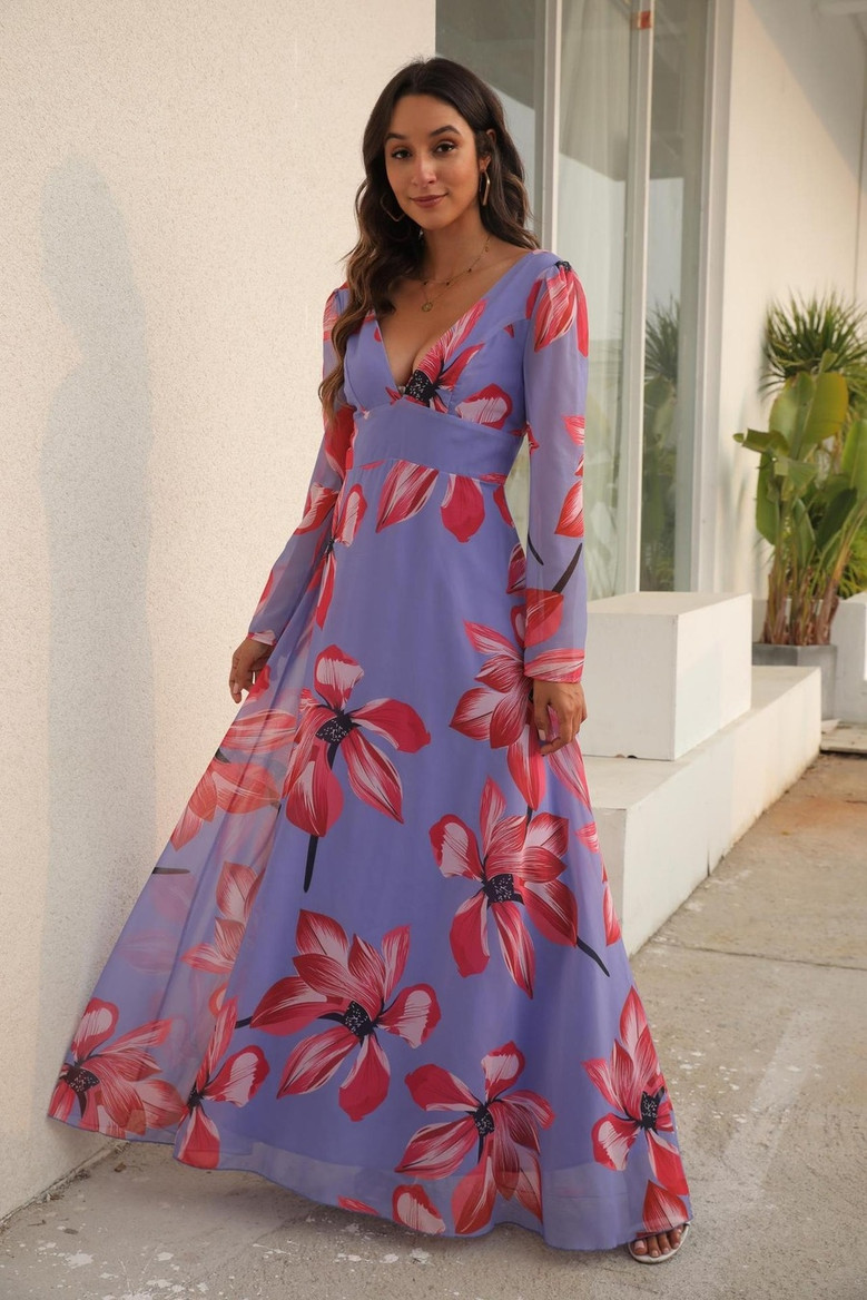 Spring Flower Batch Printing Inelastic Chiffon V-Neck Backless Zip-Up Stylish Bohemian Style Maxi Dress