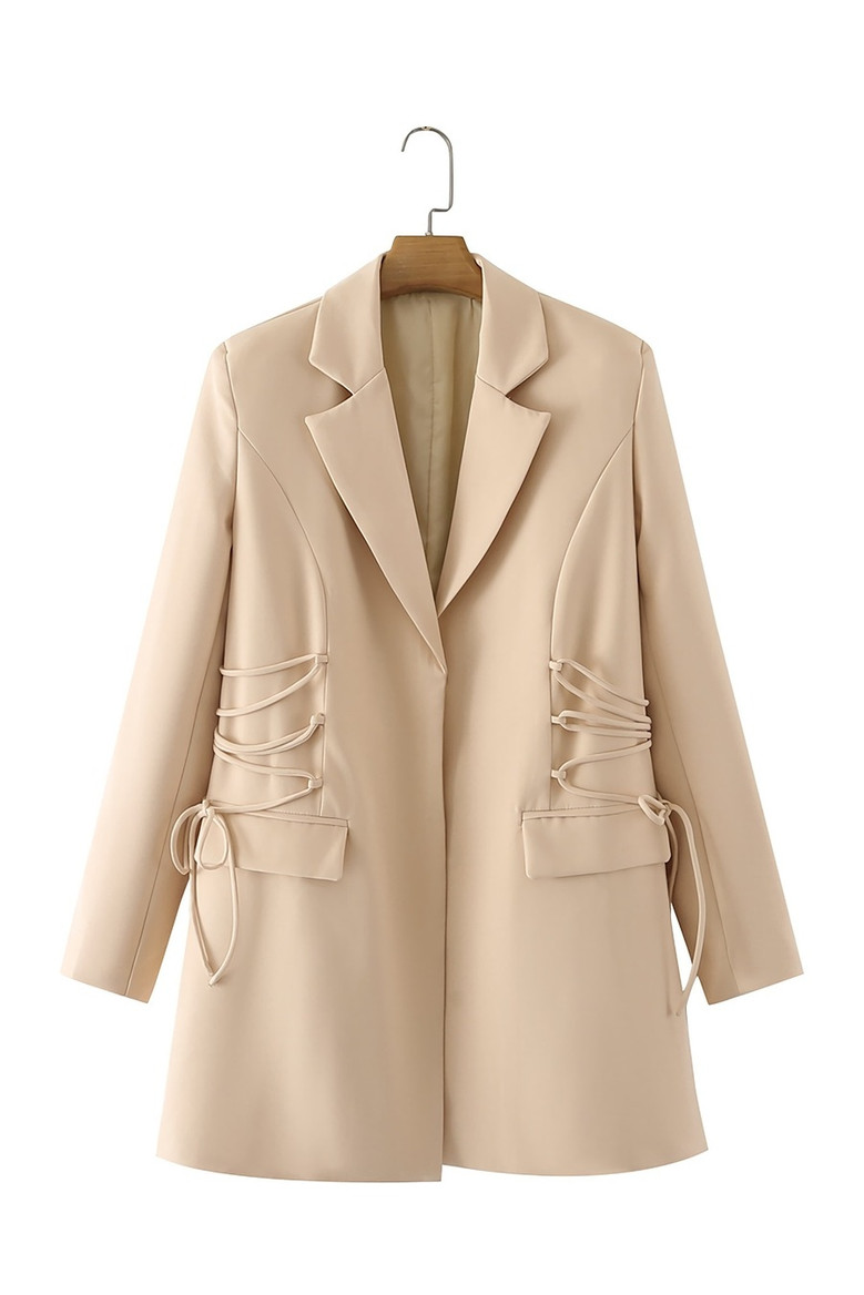 Spring New 3 Colors Solid Color Inelastic Long Sleeves Lace-Up Pocket High Quality Stylish Mini Suit Dress