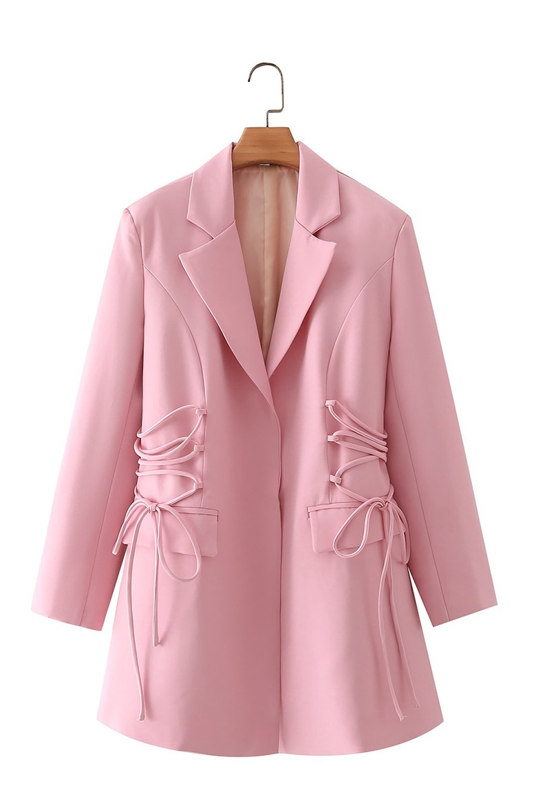 Spring New 3 Colors Solid Color Inelastic Long Sleeves Lace-Up Pocket High Quality Stylish Mini Suit Dress