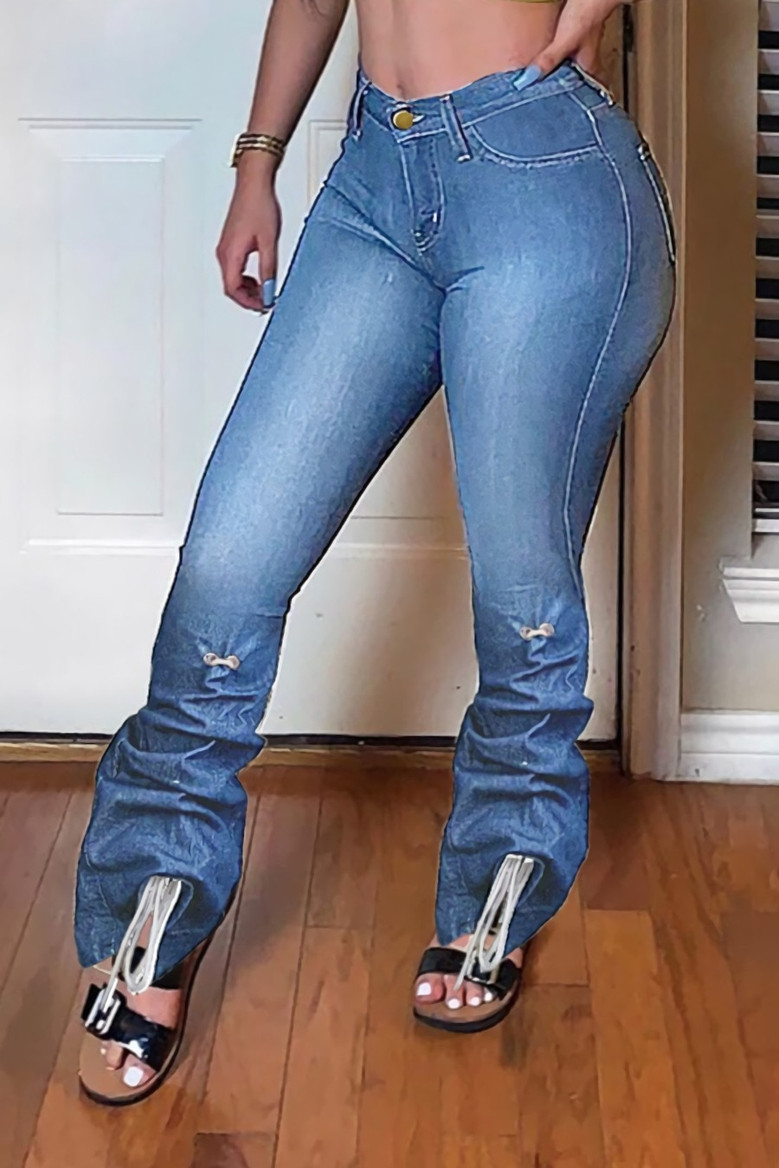 Spring New Plus Size Three Colors Micro-Elastic High Waist Pockets Button Zip-Up Eyelet Drawstring Stylish Denim Bell-Bottoms