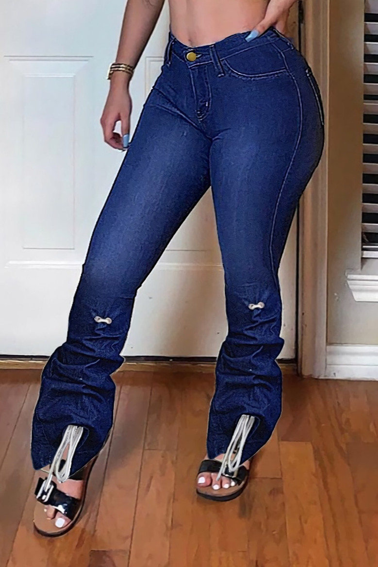 Spring New Plus Size Three Colors Micro-Elastic High Waist Pockets Button Zip-Up Eyelet Drawstring Stylish Denim Bell-Bottoms