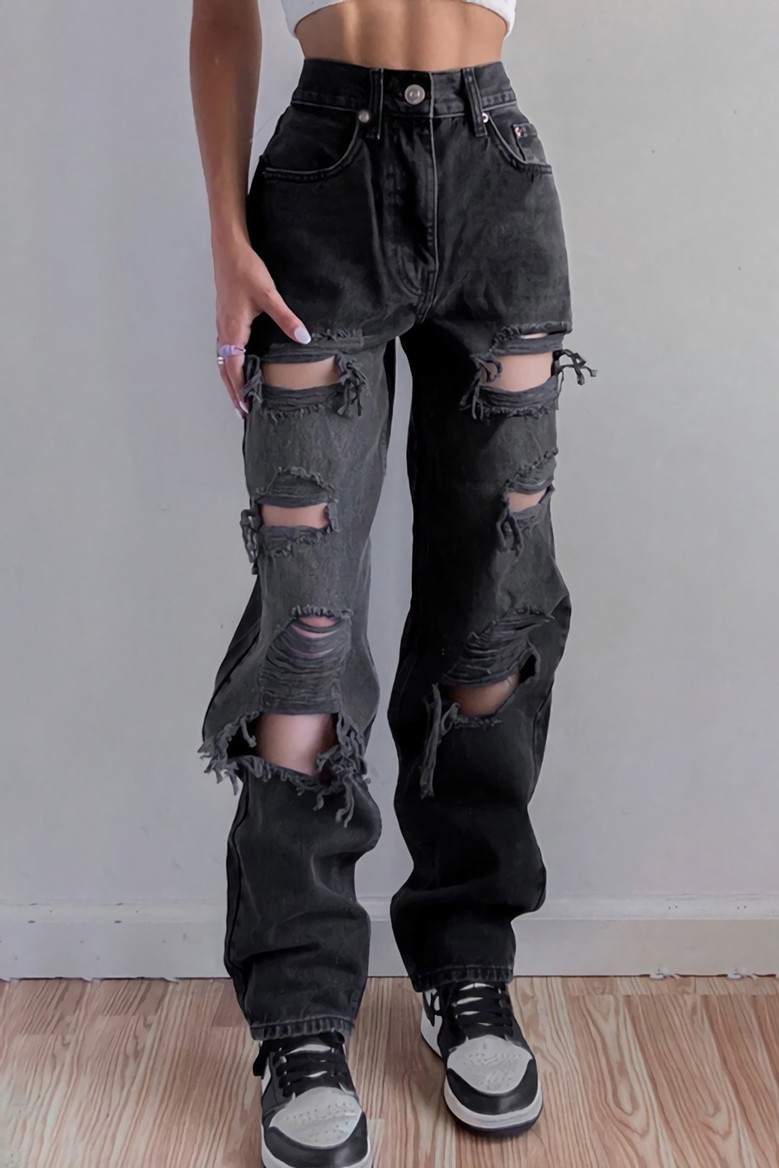 Spring New Solid Color Inelastic Holes Pockets Button Zip-Up Stylish Straight Jeans