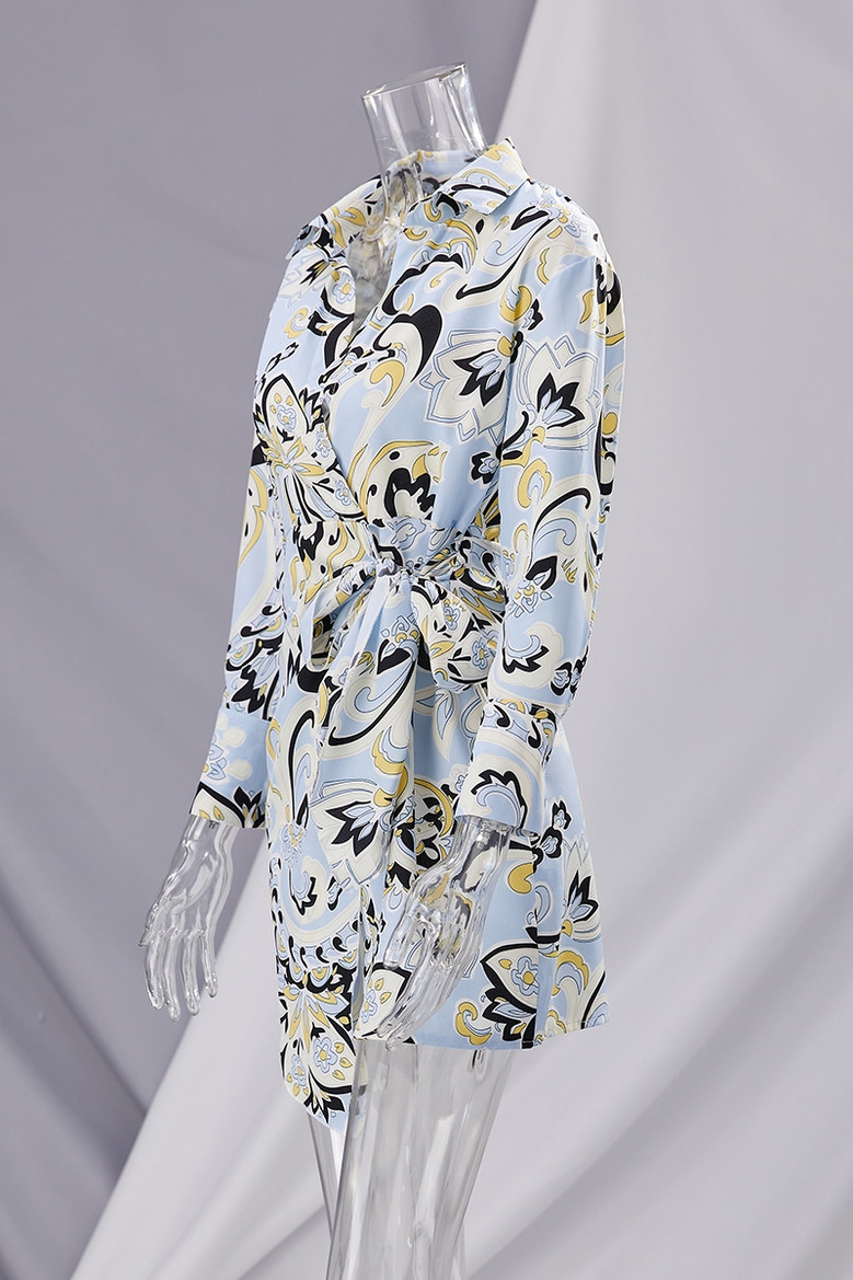 Spring New Style Inelastic Flower Batch Printing Lace-Up Irregular Fashion Casual Mini Dress
