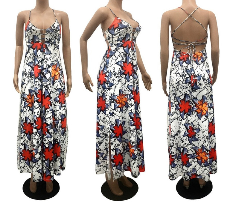 Spring New Stylish Batch Printing Hollow High Slit Lace-Up Sling Inelastic Backless Plus Size Sexy Maxi Dress